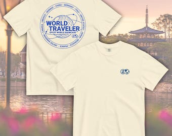 EPCOT World Showcase World Traveler Comfort Colors T-shirt | Geborduurde voorkant + bedrukte achterkant | Subtiel Disney-shirt voor volwassenen