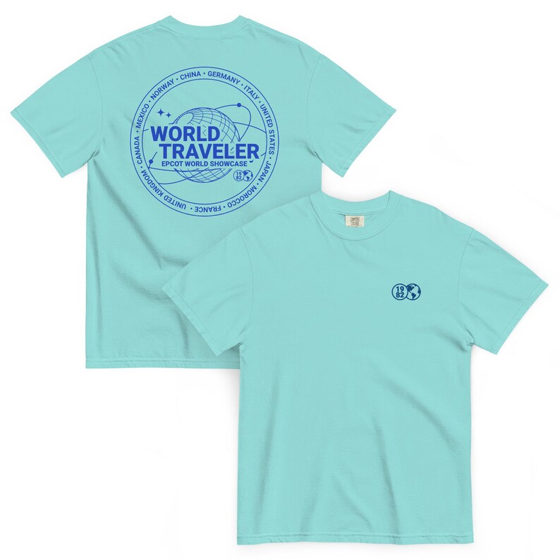 EPCOT World Showcase World Traveler Embroidered Front Printed Back Comfort Colors T-Shirt | Subtle Disney Tee