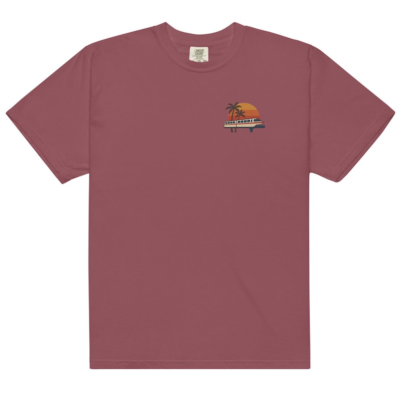 Monorail Sunset Embroidered Comfort Colors Tee | Subtle Disney Adult Shirt | Walt Disney World Monorail T-Shirt Brick