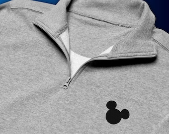 Sudadera de polar con cremallera de un cuarto y bordado con silueta del logotipo de Mickey / Suéter Disney sutil / Sudadera minimalista Disney para adultos