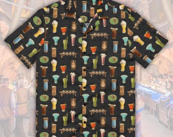 Oga’s Cantina Inspired All-over Print Tiki Cocktail Shirt | Galaxy’s Edge Collared Shirt | Hollywood Studios Aloha Shirt