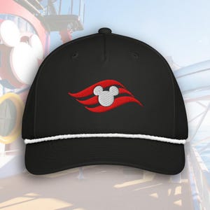 May include: Black baseball cap with a white rope brim. The cap features a red and white embroidered design of a Mickey Mouse head and stylized waves. The cap is a classic style with a curved brim.