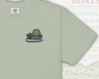 Friendship Boat Spaceship Earth Comfort Colors Embroidered Tee | EPCOT Disney Shirt | Subtle Disney Adult T-Shirt