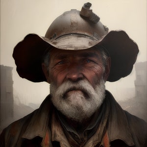 May include: A weathered man with a long white beard wears a brown hard hat with a pipe attached to the side. He is looking directly at the camera with a serious expression.
