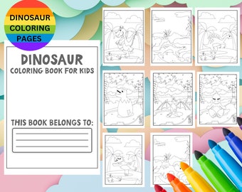 Op de afbeelding: Een zwart-wit kleurboek voor kinderen met dinosaurussen. De omslag heeft de titel "Dinosaur Coloring Book for Kids" en de tekst "This book belongs to:" met drie regels om een naam in te vullen. Het boek bevat acht pagina's met dinosaurussenillustraties om in te kleuren.