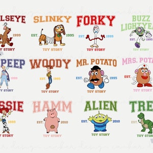 May include: A colorful graphic design featuring characters from the Toy Story franchise. Each character has a college-style logo with their name and the text "Toy Story" underneath. The characters include Woody, Buzz Lightyear, Jessie, Bo Peep, Mr. Potato Head, Mrs. Potato Head, Hamm, Slinky Dog, Rex, and Forky.