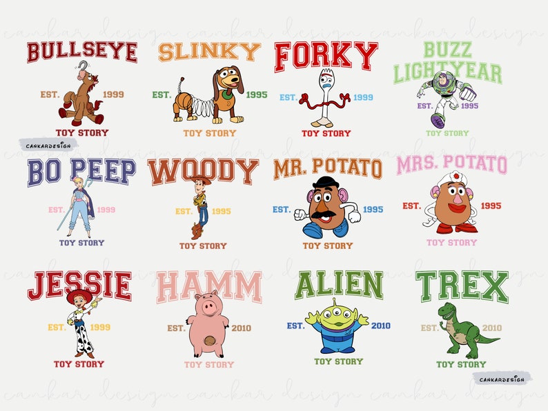 May include: A colorful graphic design featuring characters from the Toy Story franchise. Each character has a college-style logo with their name and the text "Toy Story" underneath. The characters include Woody, Buzz Lightyear, Jessie, Bo Peep, Mr. Potato Head, Mrs. Potato Head, Hamm, Slinky Dog, Rex, and Forky.