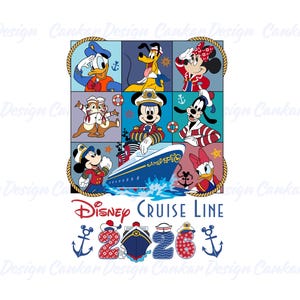 May include: A colorful graphic featuring Disney characters in nautical attire, including Mickey Mouse, Donald Duck, and Goofy. The design includes a cruise ship and the text "Disney Cruise Line 2026" with anchors.