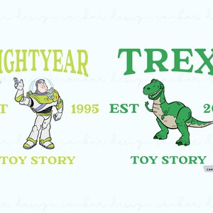 May include: A green and white illustration of Buzz Lightyear from Toy Story with the text "LIGHTYEAR EST 1995 TOY STORY". A green illustration of a Tyrannosaurus Rex from Toy Story with the text "TREX EST 2010 TOY STORY".