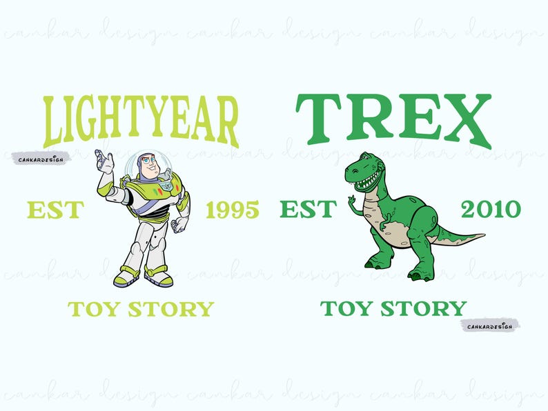 May include: A green and white illustration of Buzz Lightyear from Toy Story with the text "LIGHTYEAR EST 1995 TOY STORY". A green illustration of a Tyrannosaurus Rex from Toy Story with the text "TREX EST 2010 TOY STORY".