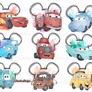 Aquarell Autos Charakter Png Bundle, Maus Ohren Png Bundle, Autos Png Clipart, Beleuchtung Mcqueen Png, Instant Download
