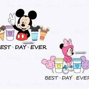 Może przedstawiać: Kreskówkowa ilustracja Myszki Miki i Minnie Mouse trzymających filiżanki kawy z tekstem "BEST DAY EVER" poniżej. Myszka Miki ma na sobie czerwone spodenki, a Minnie Mouse różową bluzę z kapturem. Obie postacie trzymają filiżanki kawy z wzorem ucha Myszki Miki.