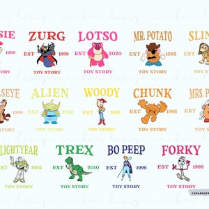 May include: A colorful graphic featuring the Toy Story characters, each with their name and the year they were established. The characters include Jessie, Zurg, Lotso, Mr. Potato Head, Slinky, Bullseye, Alien, Woody, Chunk, Mrs. Potato Head, Lightyear, Rex, Bo Peep, and Forky.