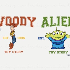 May include: A graphic design featuring the characters Woody and Alien from the Toy Story franchise. The design includes the text "WOODY" in orange and red, "ALIEN" in green, "EST. 1995" and "EST. 2010", and "TOY STORY" in brown.