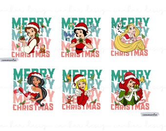 May include: Six digital illustrations of Disney princesses dressed in Christmas outfits with the text "Merry Christmas" repeated in a layered pattern. The princesses are Snow White, Cinderella, Rapunzel, Jasmine, Ariel, and Belle.