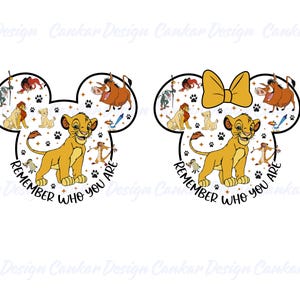 May include: Two Mickey Mouse ear designs featuring characters from The Lion King. One design has a yellow bow. Both designs include Simba, Timon, Pumbaa, and the text "Remember Who You Are."