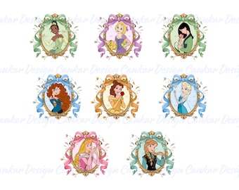 Princess Clipart Bundle, Vintage Gold Frame PNG, Sublimation Fairy Tale, Watercolor Digital Download