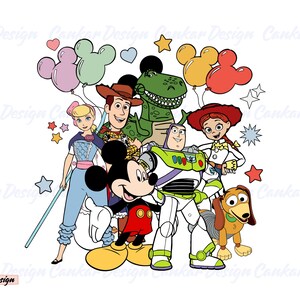 May include: A colorful illustration of Mickey Mouse, Woody, Buzz Lightyear, Jessie, Rex, and a green dinosaur. They are all smiling and standing together. There are balloons and stars in the background.