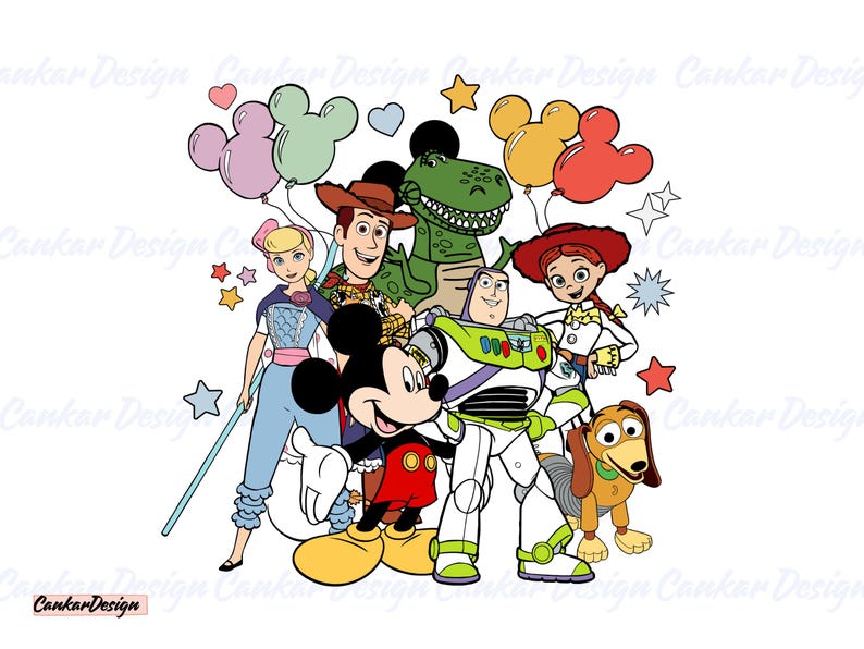 May include: A colorful illustration of Mickey Mouse, Woody, Buzz Lightyear, Jessie, Rex, and a green dinosaur. They are all smiling and standing together. There are balloons and stars in the background.