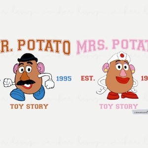 May include: Mr. Potato Head and Mrs. Potato Head characters from the Toy Story movie franchise. The characters are depicted in a vintage style with the text "Mr. Potato" and "Mrs. Potato" in a collegiate font. The text "EST. 1995" and "Toy Story" are also included.