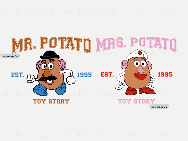 May include: Mr. Potato Head and Mrs. Potato Head characters from the Toy Story movie franchise. The characters are depicted in a vintage style with the text "Mr. Potato" and "Mrs. Potato" in a collegiate font. The text "EST. 1995" and "Toy Story" are also included.