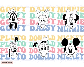May include: A colorful graphic featuring six cartoon character faces: Goofy, Daisy, Minnie, Pluto, Donald, and Mickey. Each character is set against a backdrop of their name in a retro font, with pastel colors like yellow, blue, and pink.