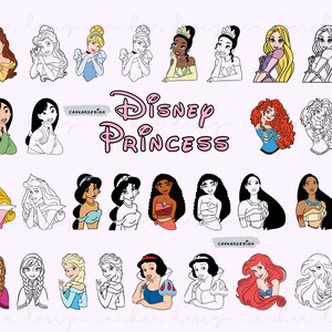 Princess Svg Bundle, Princess Silhouette Svg Files,Bundle Princess Digital Download with Outlines Svg, Cindirella, Fiona, Elsa, Anna