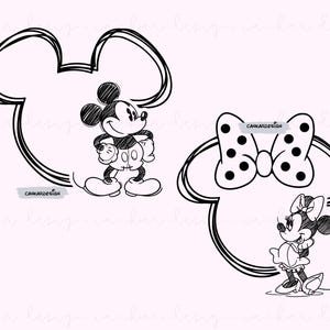 Op de afbeelding: Zwart-witte lijntekening van Mickey Mouse en Minnie Mouse. Mickey Mouse staat met zijn armen gekruist en Minnie Mouse staat met haar handen op haar heupen. Beide personages dragen hun kenmerkende kleding. De afbeelding is tegen een witte achtergrond.