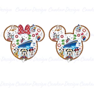 May include: Two Mickey Mouse head-shaped designs with a nautical theme. One features a red bow, the other is a Mickey Mouse head. Both have a cruise ship, Disney characters, and nautical elements like anchors and life preservers.