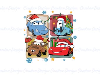 Christmas Race Car PNG, Santa Hat McQueen Mater Guido Sally Xmas Sublimation Design