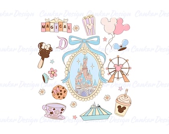 Pastel Disney Clipart, Cute Magical Castle PNG, Theme Park Stickers, Mickey Ear Digital Download