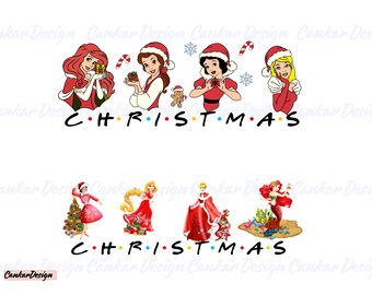May include: A Christmas-themed image featuring Disney princesses dressed in red and white holiday outfits. The princesses are arranged in two rows, with the top row featuring Ariel, Belle, Snow White, and Cinderella. The bottom row features Ariel, Rapunzel, Cinderella, and Snow White. The text "C.H.R.I.S.T.M.A.S." is written in black letters below each row of princesses.