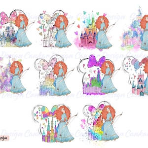 以下が含まれることがあります： ミッキーマウスの耳の輪郭のあるカラフルな城の前に立っている、弓矢を持った赤毛のプリンセスのデジタルイラスト。城は水彩画のような効果で囲まれています。