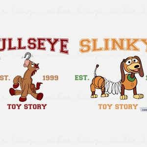 May include: Two Toy Story character logos with the names Bullseye and Slinky. The Bullseye logo features a brown horse with a red saddle and the text "Bullseye" in red with a white outline. The Slinky logo features a brown dog with a spring body and the text "Slinky" in orange with a white outline. Both logos have the text "Toy Story" and the year the movie was released.