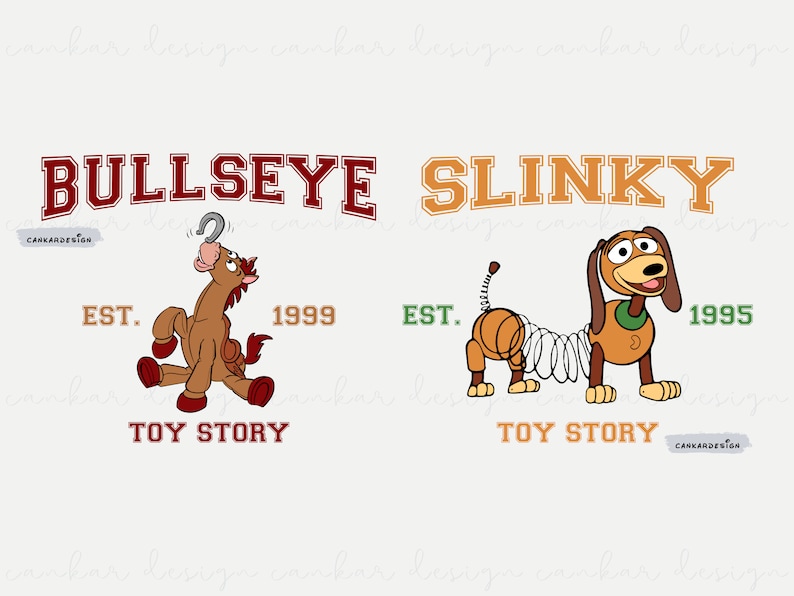 May include: Two Toy Story character logos with the names Bullseye and Slinky. The Bullseye logo features a brown horse with a red saddle and the text "Bullseye" in red with a white outline. The Slinky logo features a brown dog with a spring body and the text "Slinky" in orange with a white outline. Both logos have the text "Toy Story" and the year the movie was released.