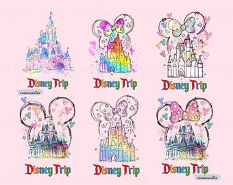 Watercolor Mouse Castle Png Bundle, Magic Castle Png, Mouse Ear Castle Png, Retro Colorful Castle Png, Sublimation Design Png