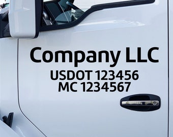 May include: A white truck door with a black vinyl decal that reads "Company LLC, USDOT 123456, MC 1234567".