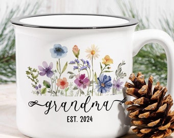 Personalized Grandma Gift, Custom Camp Mug, Wildflower Design, New Grandma Gift, Nana Gigi Mimi Coffee Mug