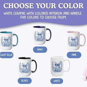 May include: White ceramic mugs with colored interiors and handles. Each mug features a blue illustration of a dog wearing sunglasses and holding a coffee cup. Available in light blue, navy, pink, black, and white.