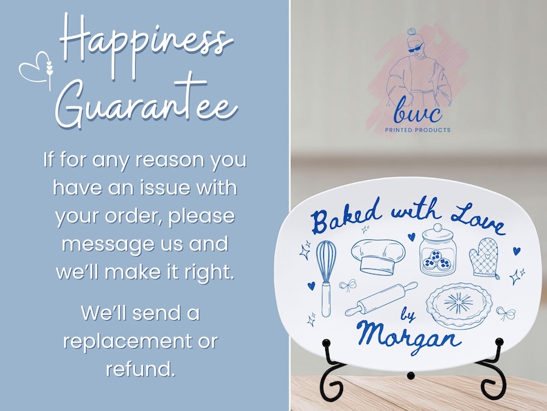May include: White oval serving platter with blue line art of baking tools and the text "Baked with Love by Morgan." The platter is displayed on a black metal stand. The image also includes the text "Happiness Guarantee."