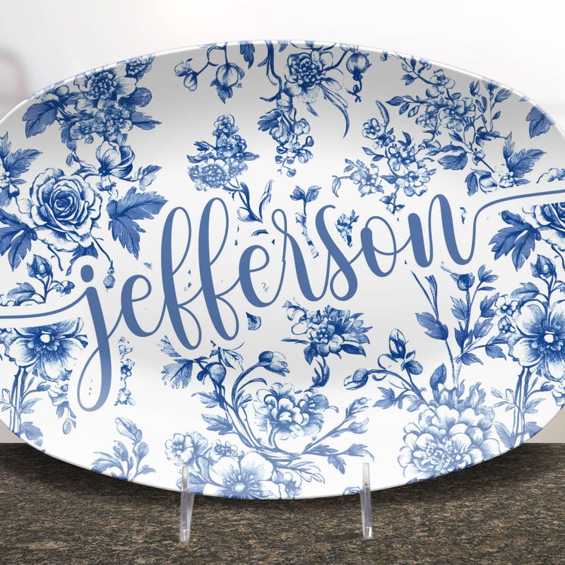 Personalized Toile de Jouy Platter, Custom Family Name Plate, Wedding Gift for Couple, Blue Floral French Country Home Decor