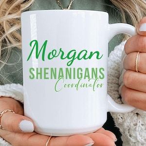 Personalized Shenanigans Coordinator Mug, Custom Name St. Patrick&#39;s Day Coffee Cup, Funny Irish Gift, Green Text Ceramic Mug