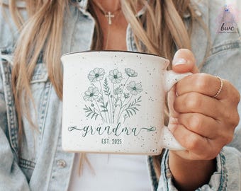 Personalized Grandma Gift, Custom Grandma Mug, Coffee Mug Gift, Ceramic Mug with Black Rim, Wildflowers Design, New Grandparent Gift