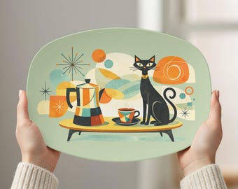 Mid Century Modern Platter, Atomic Cat Serving Tray, Retro Kitchen Decor, Cat Lover Gift