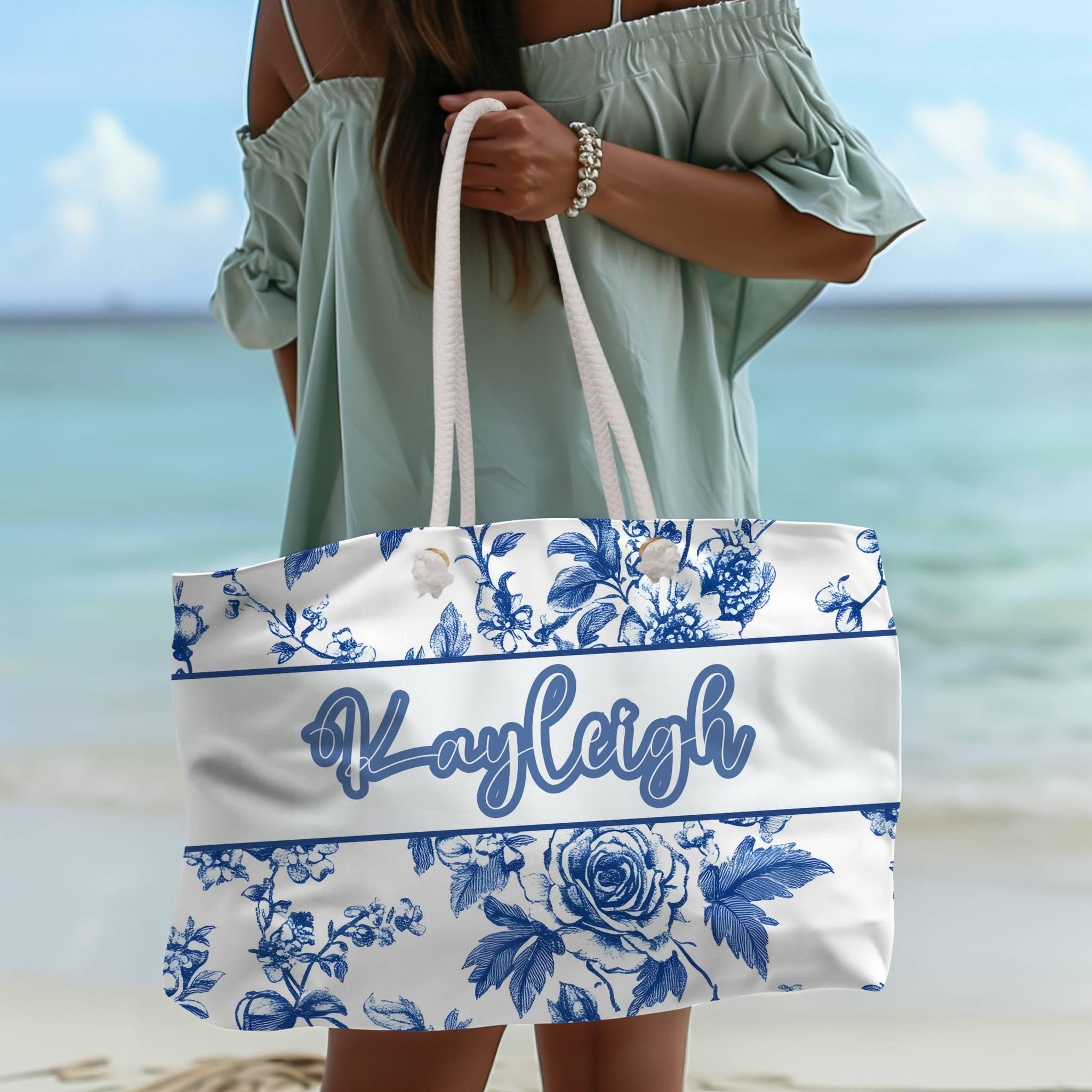 Weekender Bag - Blue and White Floral Toile De Jouy Pattern, Personalize With Name, Travel Tote, Overnight Carrier, Carry-On Luggage,