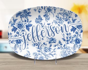 Personalized Toile de Jouy Platter, Custom Family Name, Blue Floral Decor