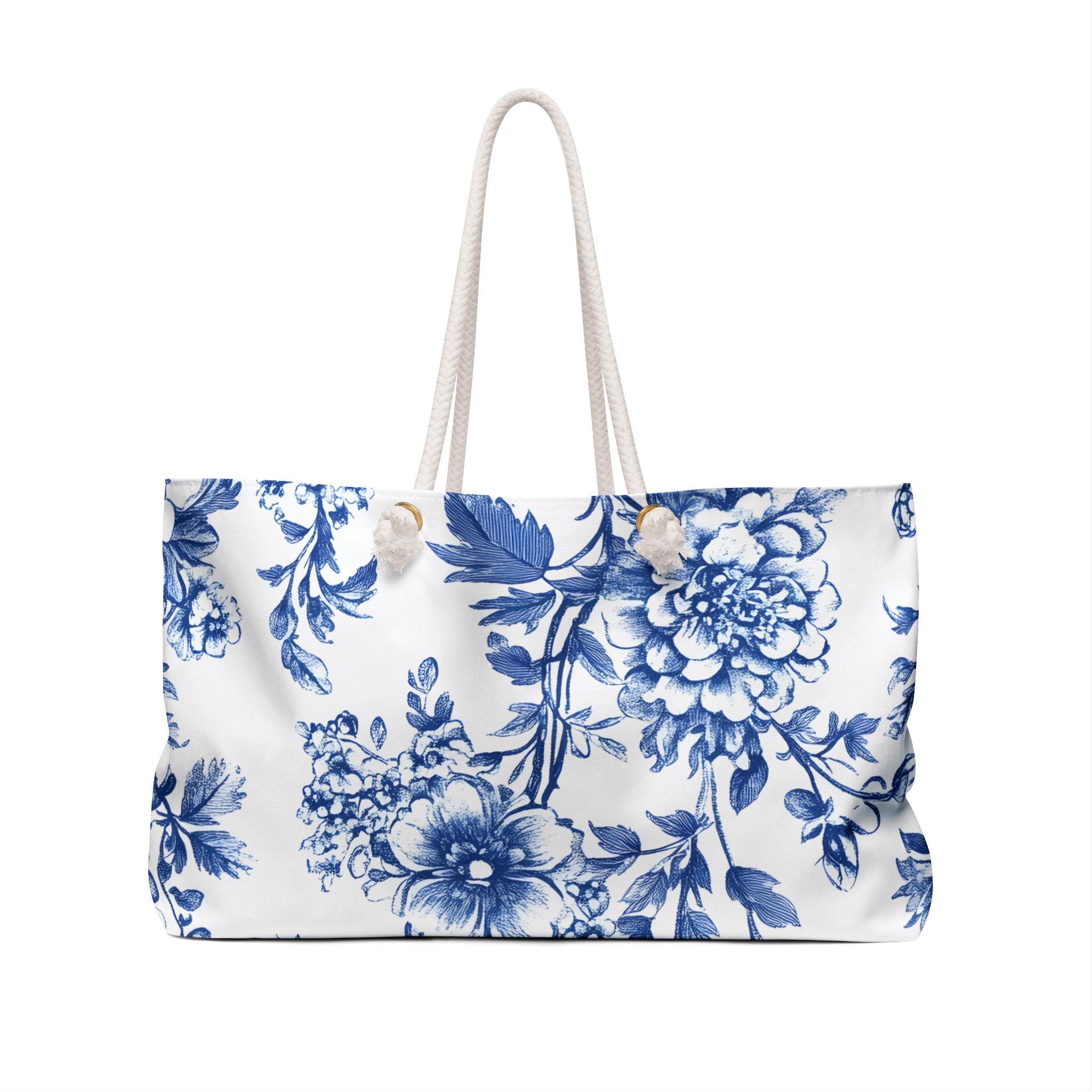 Weekender Bag - Blue and White Floral Toile De Jouy Pattern, Personalize With Name, Travel Tote, Overnight Carrier, Carry-On Luggage,