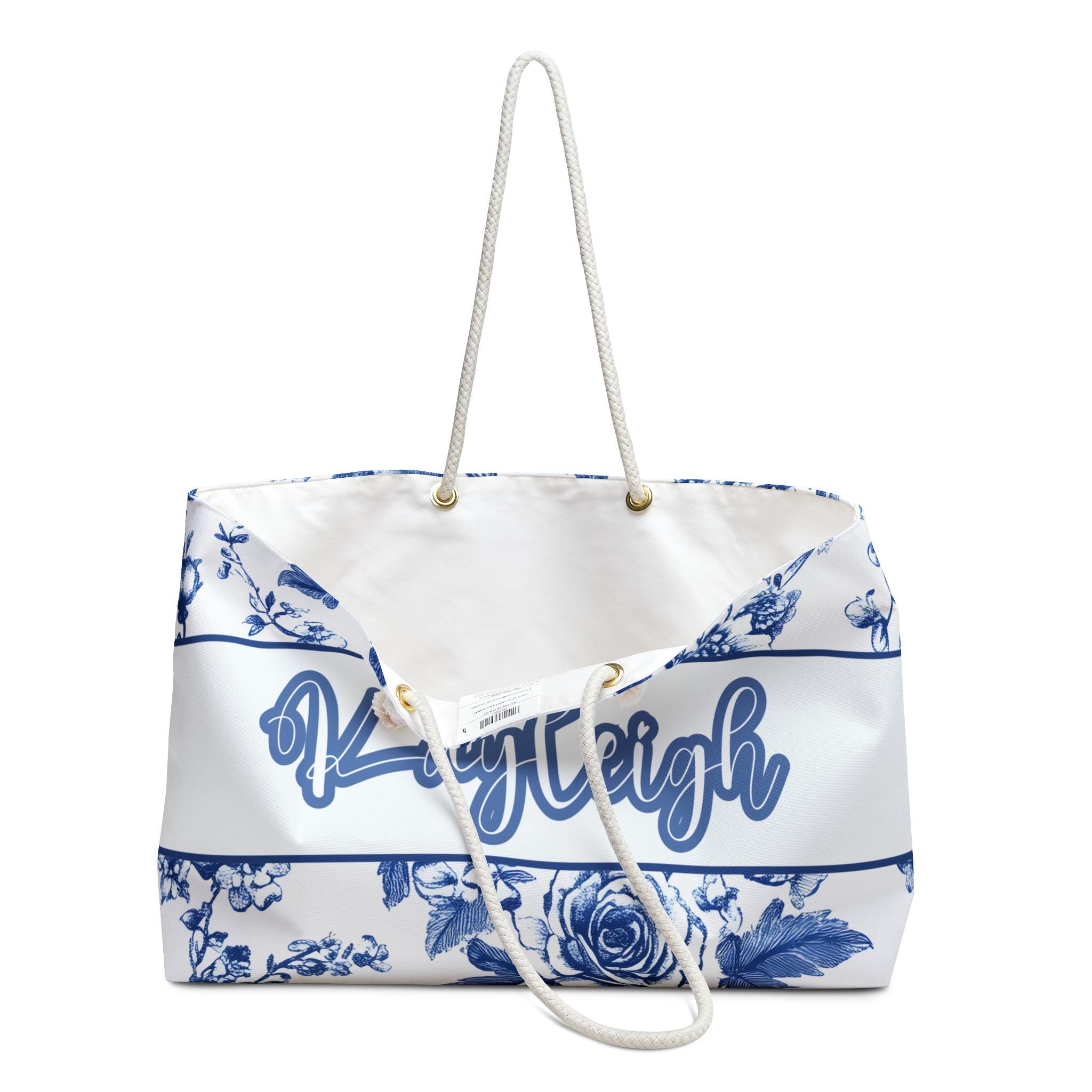 Weekender Bag - Blue and White Floral Toile De Jouy Pattern, Personalize With Name, Travel Tote, Overnight Carrier, Carry-On Luggage,