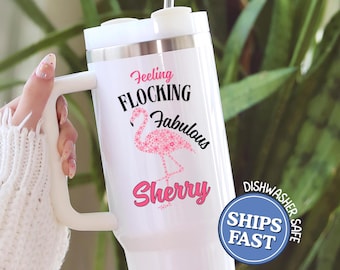 Personalized Flamingo 40oz Tumbler With Handle, Beach Travel Mug