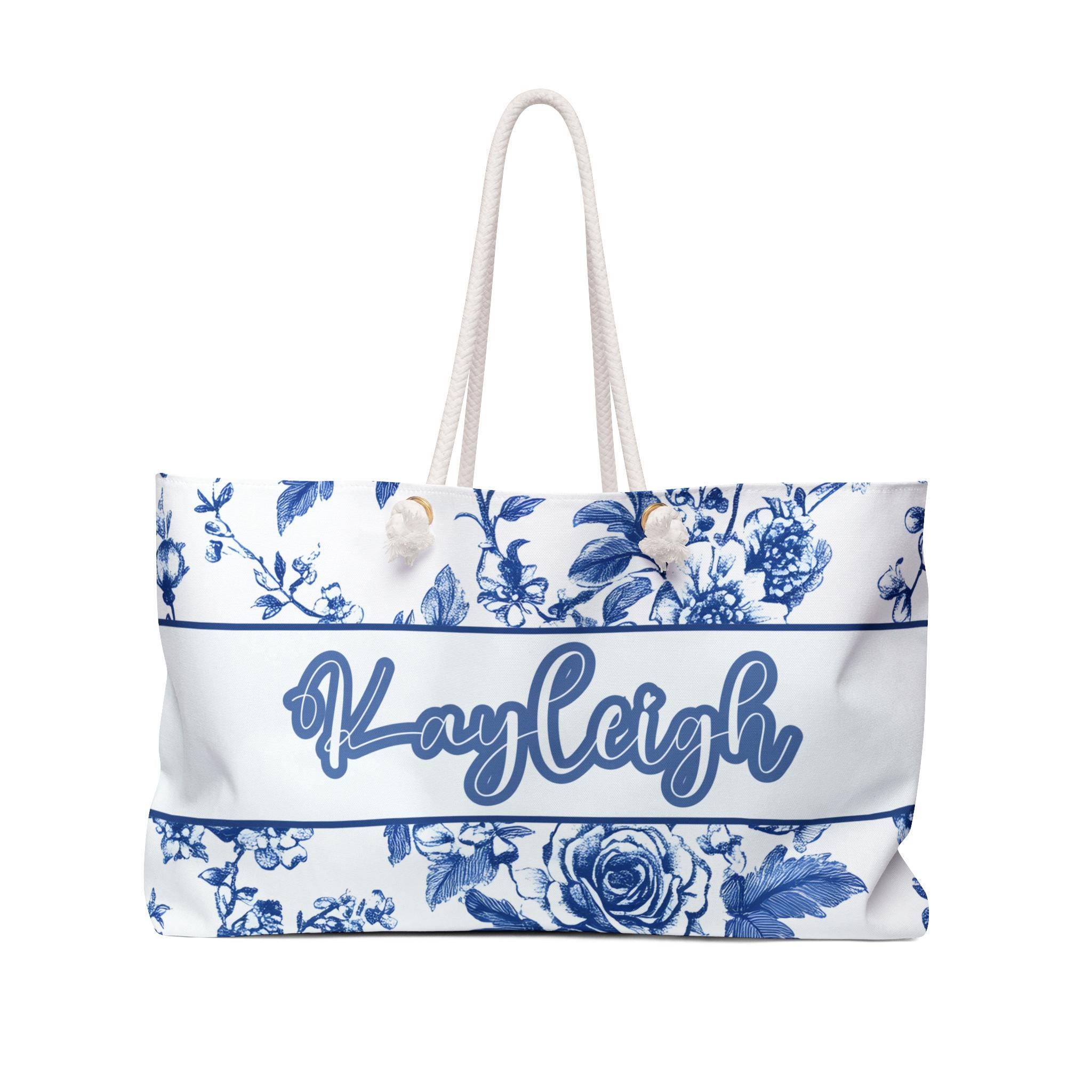 Weekender Bag - Blue and White Floral Toile De Jouy Pattern, Personalize With Name, Travel Tote, Overnight Carrier, Carry-On Luggage,